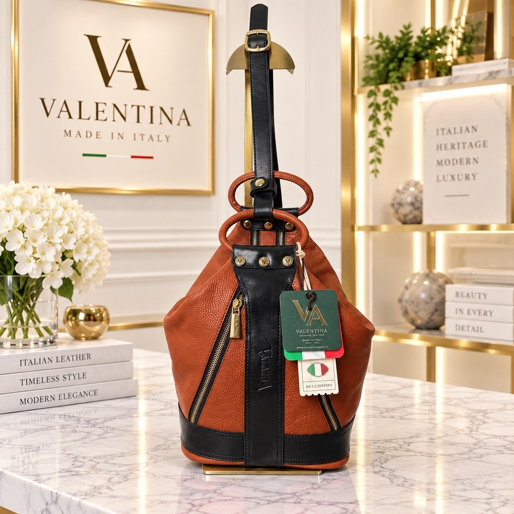 Valentina Italian Leather Sling Backpack Purse Cognac Black NWT Handcrafted